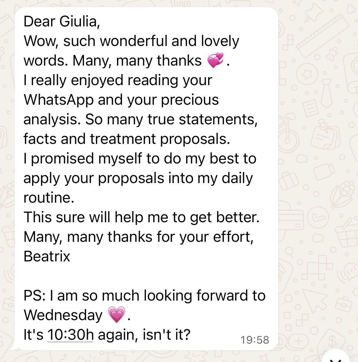 Captura de un mensaje de WhatsApp de Beatrix agradeciendo a Giulia por su análisis y propuestas de tratamiento.